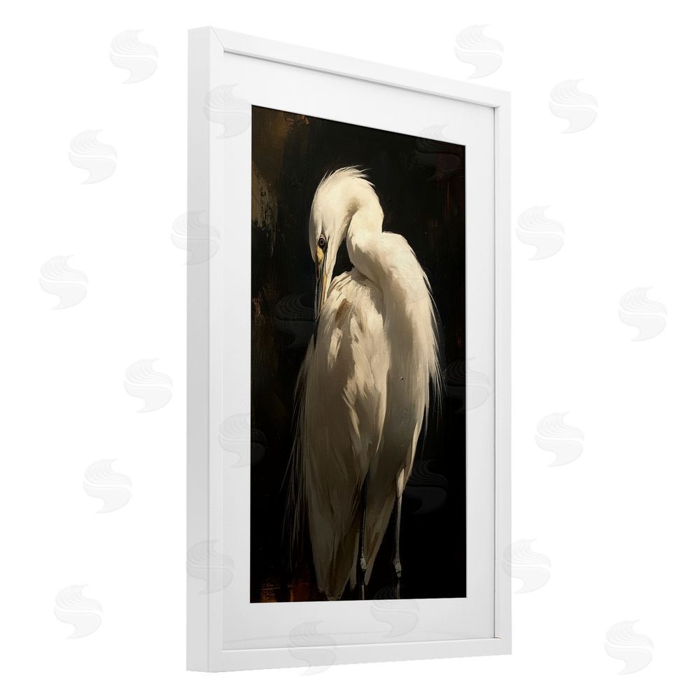 Petal Prints Design Feathered Egret in Soft Light White Framed Print Under Glass Wall Art