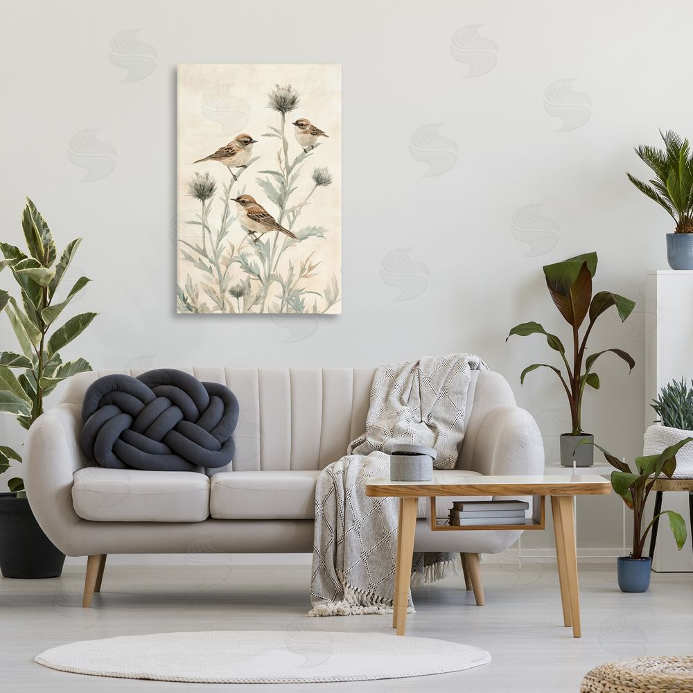 Petal Prints Design Sparrows on Thistle Stems Stretched Canvas on Wall