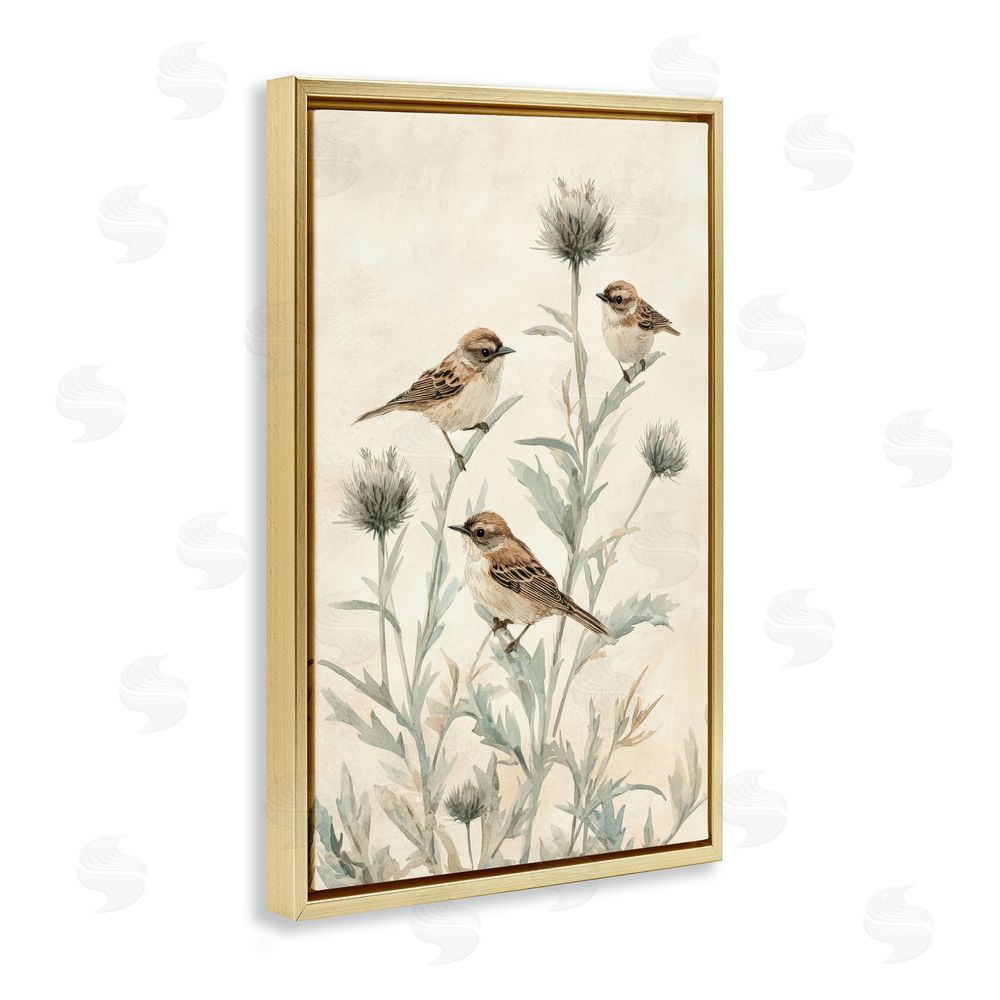 Petal Prints Design Sparrows on Thistle Stems Gold Floating Framed Canvas Wall Art Print