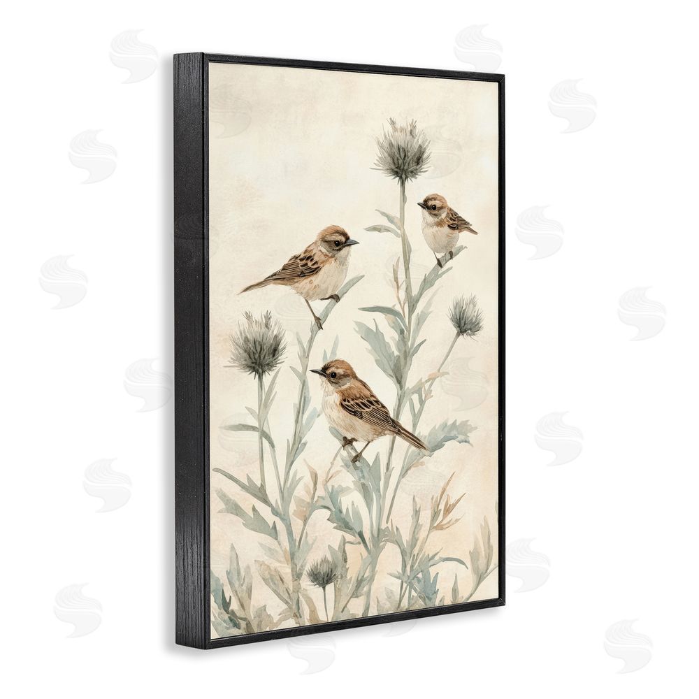 Petal Prints Design Sparrows on Thistle Stems Black Framed Giclee Wall Art Print