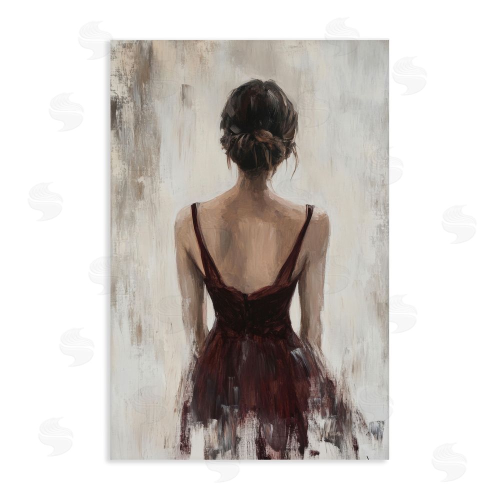 Petal Prints Design Portrait of Woman in Burgundy Stretched Canvas Wall Art