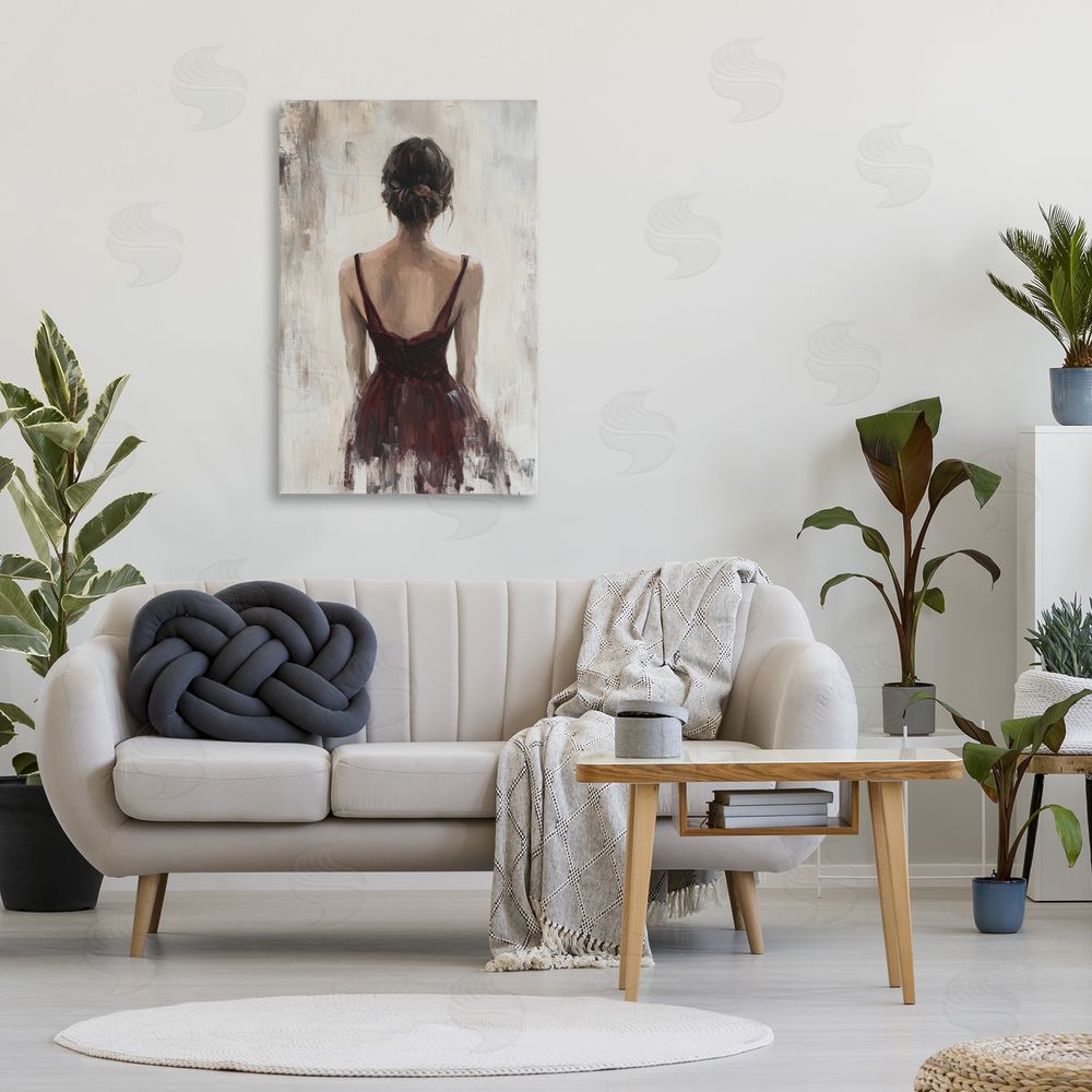 Petal Prints Design Portrait of Woman in Burgundy Stretched Canvas Wall Art in Room