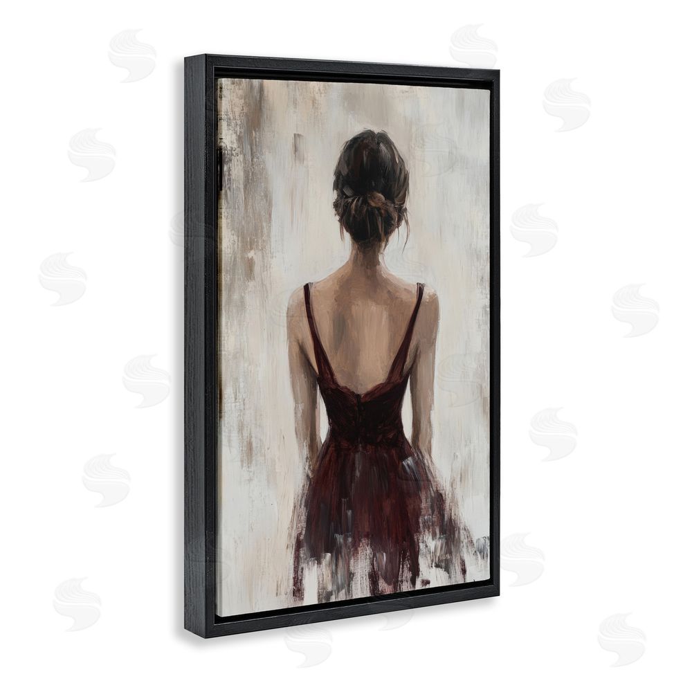 Petal Prints Design Portrait of Woman in Burgundy Black Floating Framed Canvas Wall Art