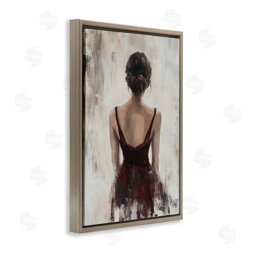 Petal Prints Design Portrait of Woman in Burgundy Brown Floating Framed Canvas Wall Art