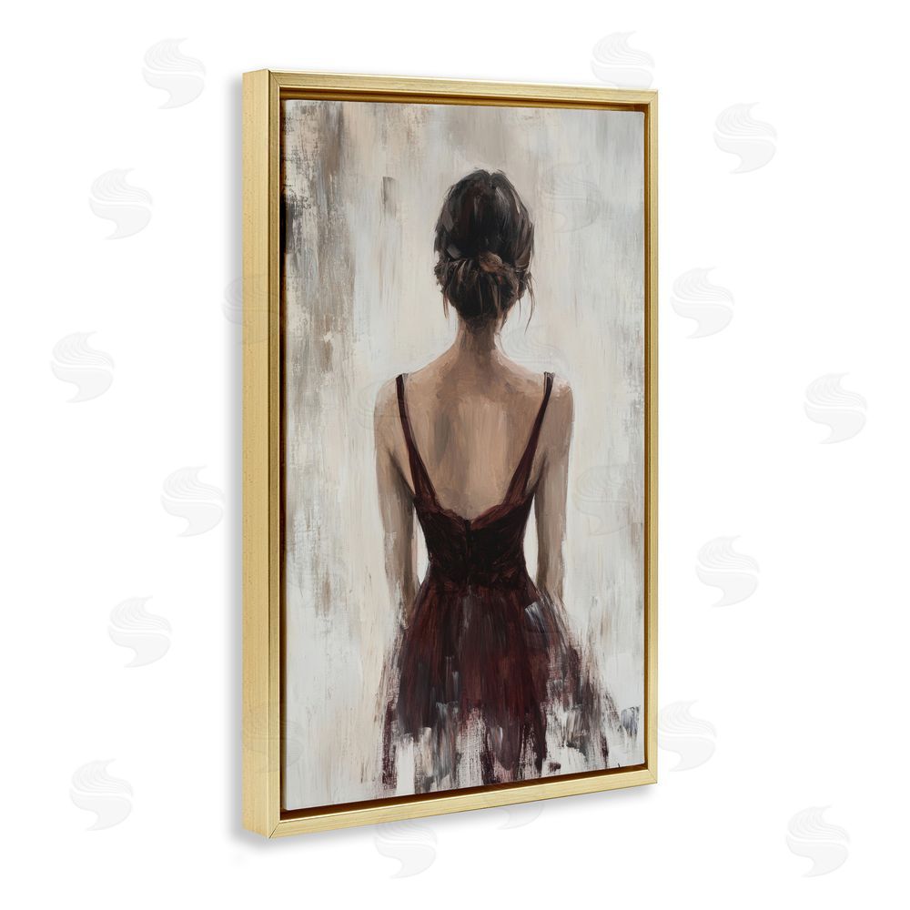 Petal Prints Design Portrait of Woman in Burgundy Gold Floating Framed Canvas Wall Art