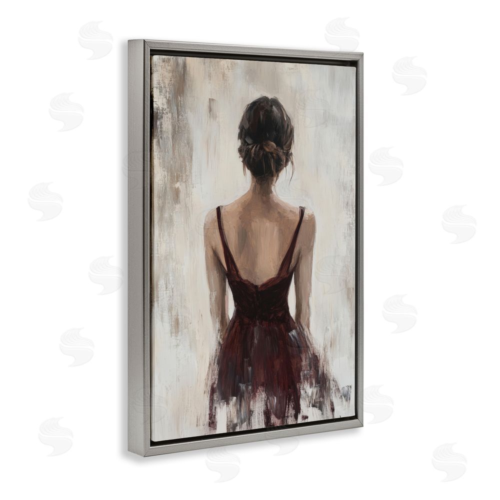 Petal Prints Design Portrait of Woman in Burgundy Gray Floating Framed Canvas Wall Art