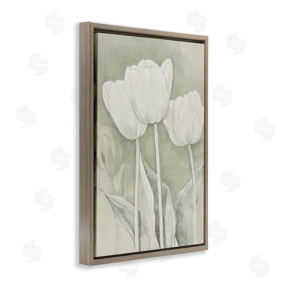 Petal Prints Design Faded Tulips Pencil Sketch Brown Floating Framed Canvas Wall Art