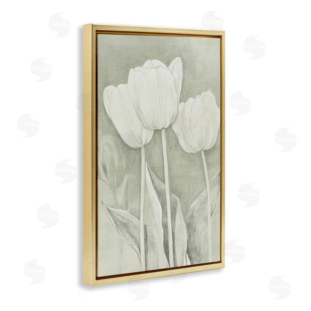 Petal Prints Design Faded Tulips Pencil Sketch Gold Floating Framed Canvas Wall Art