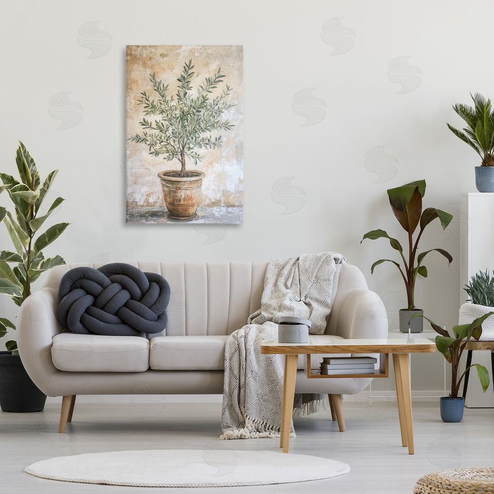 Petal Prints Design Mediterranean Potted Olive Stretched Canvas Wall Art in Room