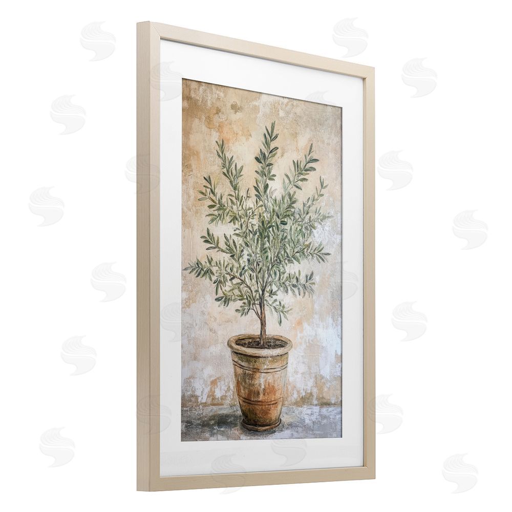 Petal Prints Design Mediterranean Potted Olive Brown Framed Print Under Glass Wall Art