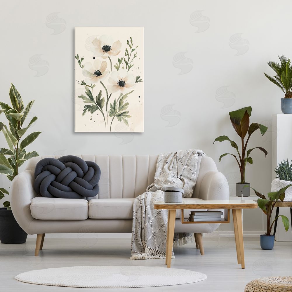Petal Prints Design Soft White Anemone Floral Stretched Canvas on Wall