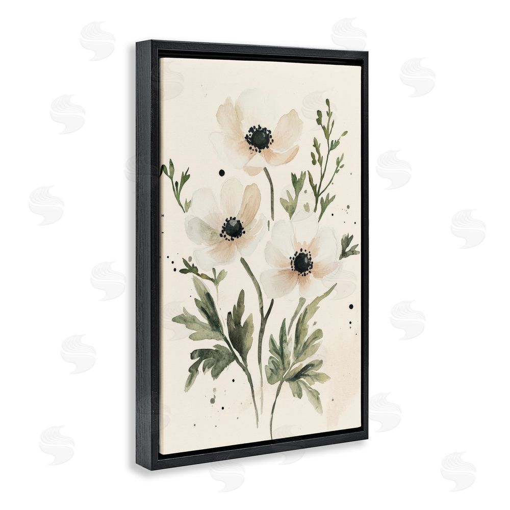 Petal Prints Design Soft White Anemone Floral Black Floating Framed Canvas Wall Art Print