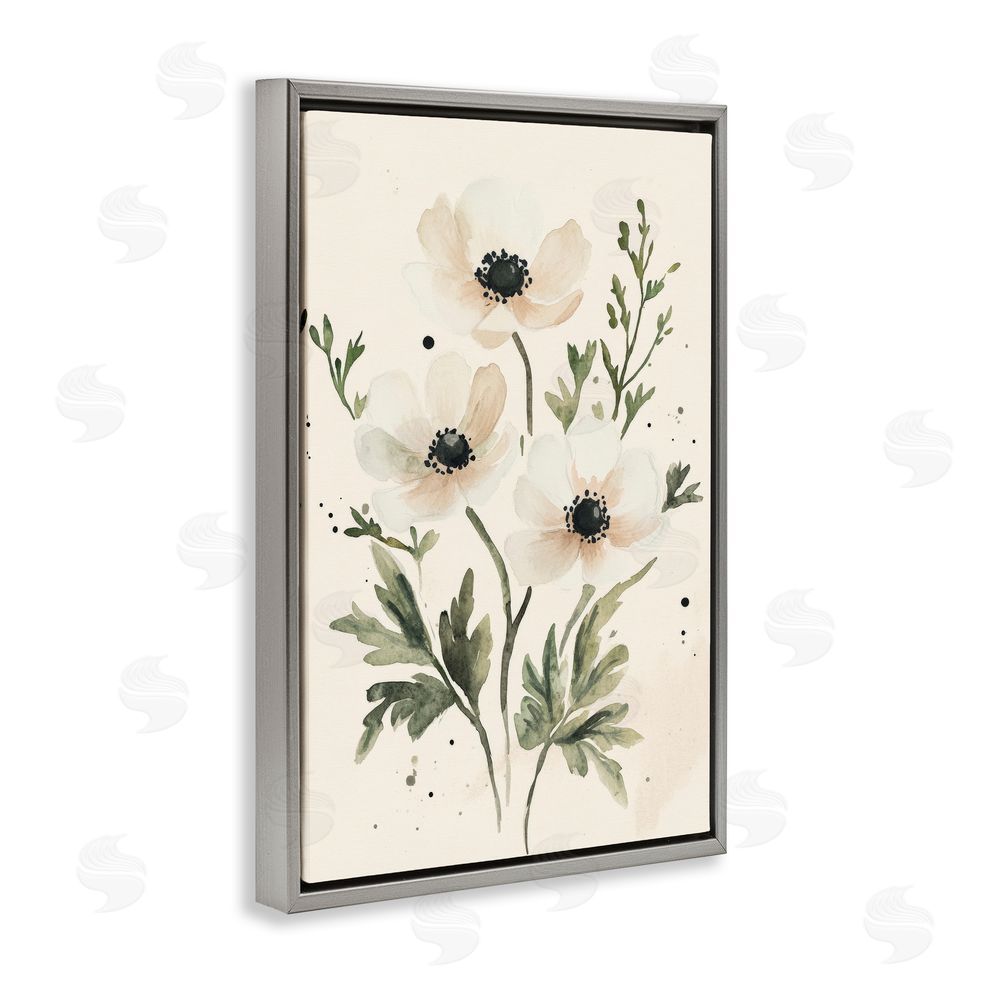 Petal Prints Design Soft White Anemone Floral Gray Floating Framed Canvas Wall Art Print