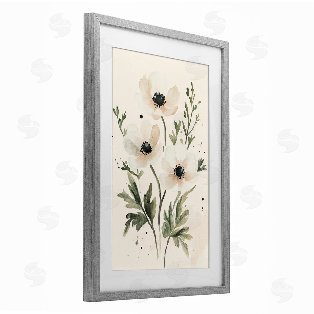 Petal Prints Design Soft White Anemone Floral Gray Framed Print Under Glass with White Mat Wall Art