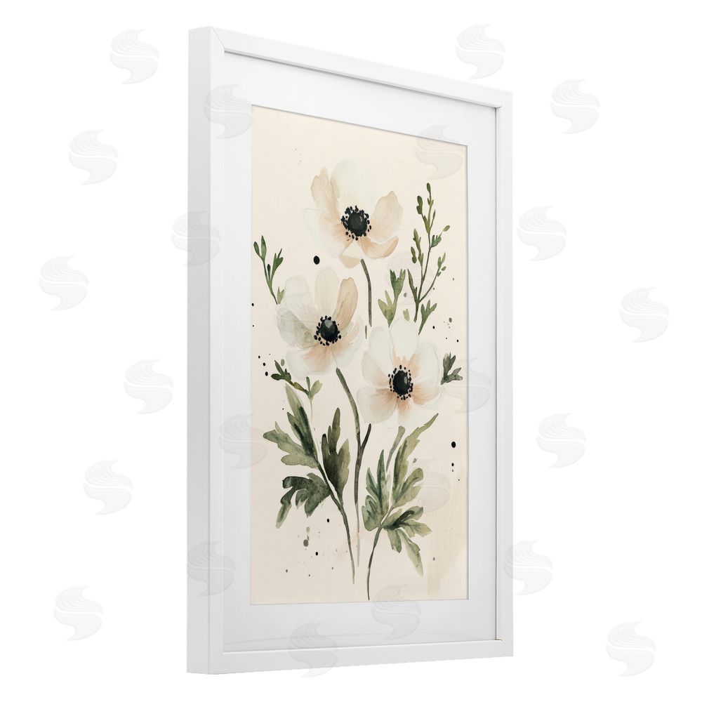 Petal Prints Design Soft White Anemone Floral White Framed Print Under Glass with White Mat Wall Art