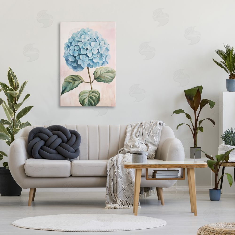Petal Prints Design Delicate Baby Blue Hydrangea Stretched Canvas Wall Art in Room