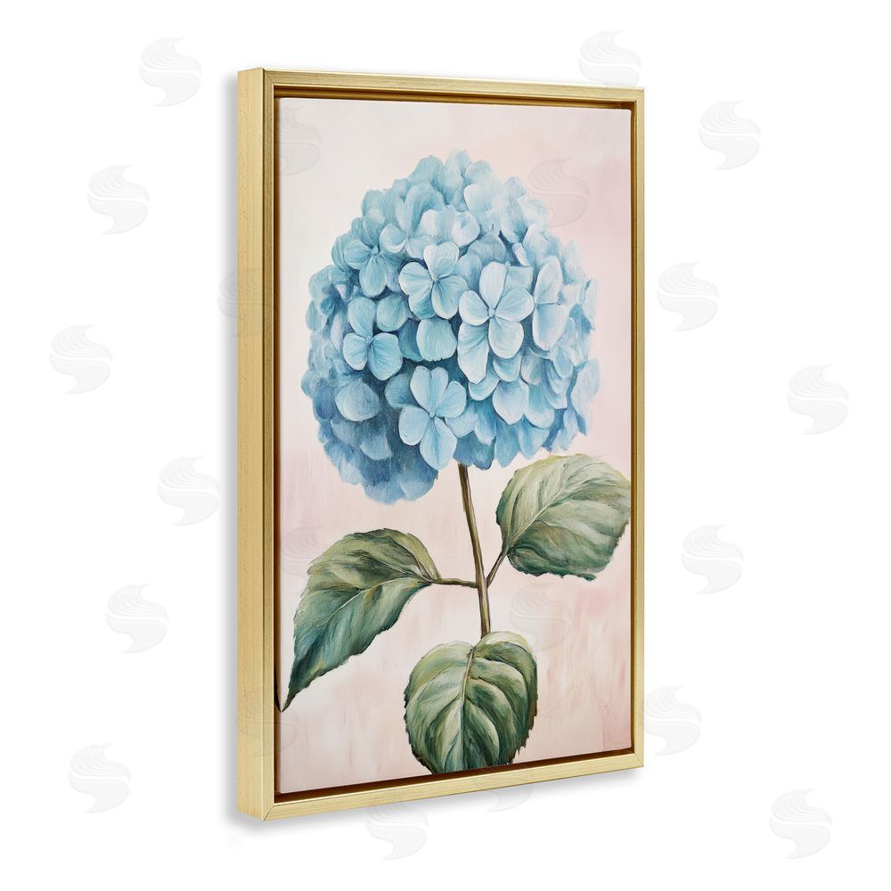 Petal Prints Design Delicate Baby Blue Hydrangea Gold Floating Frame Canvas Wall Art Print