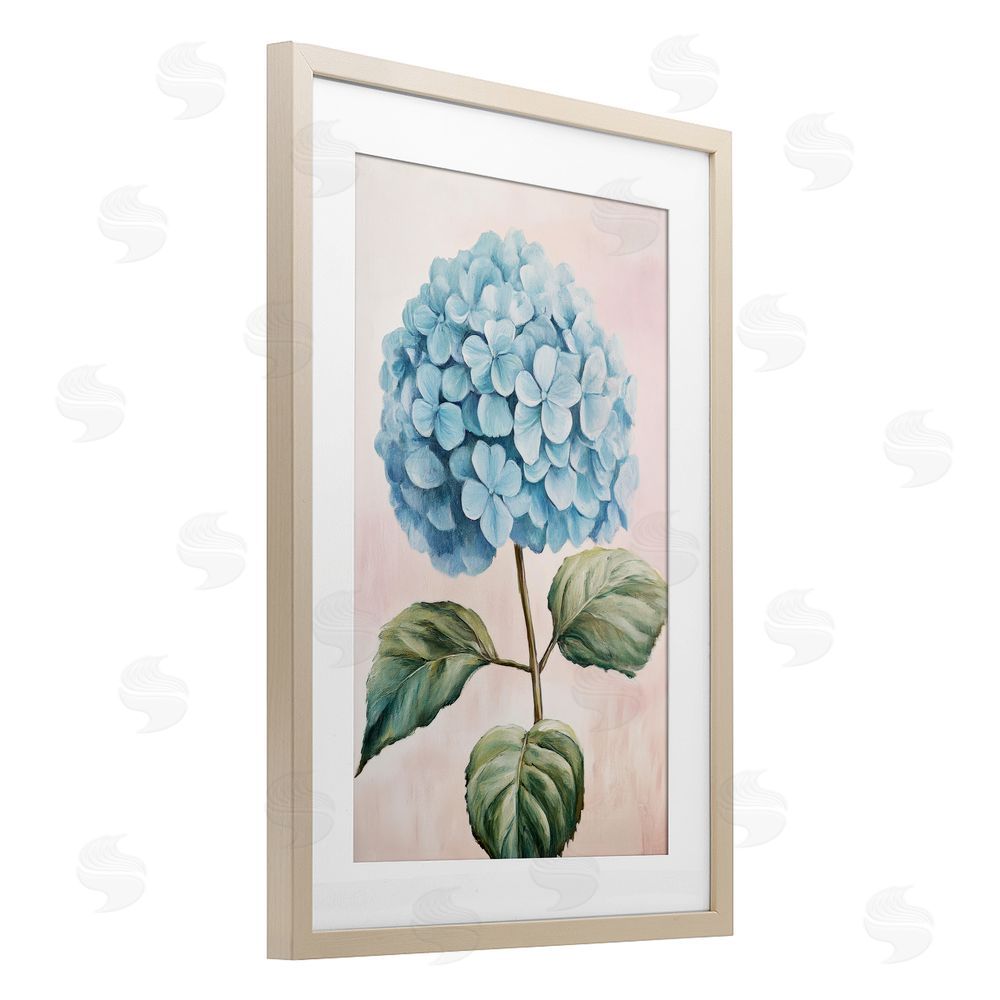 Petal Prints Design Delicate Baby Blue Hydrangea Brown Framed Print Under Glass Wall Art