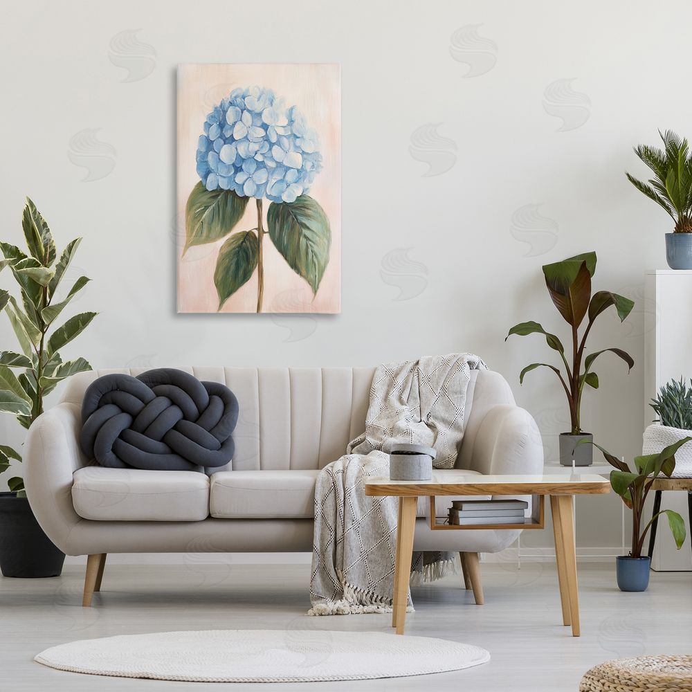 Petal Prints Design Baby Blue Hydrangea Stretched Canvas Wall Art Print in Room