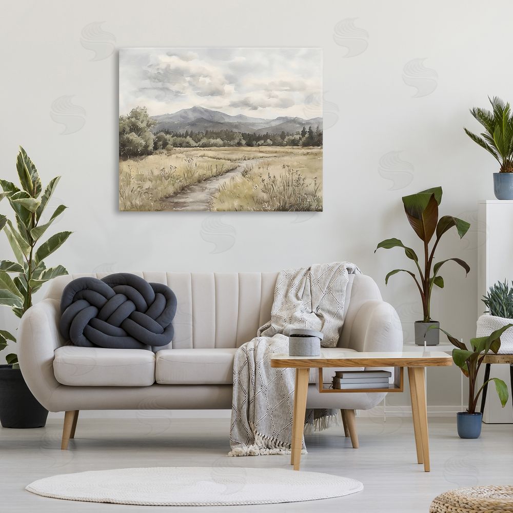 Riley B Muted Pathway to Mountains Stretched Canvas Wall Art in Room