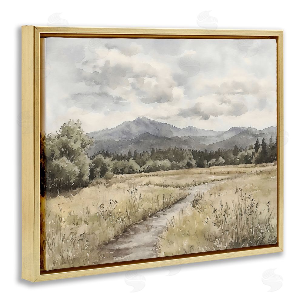 Riley B Muted Pathway to Mountains Gold Floating Framed Canvas Wall Art