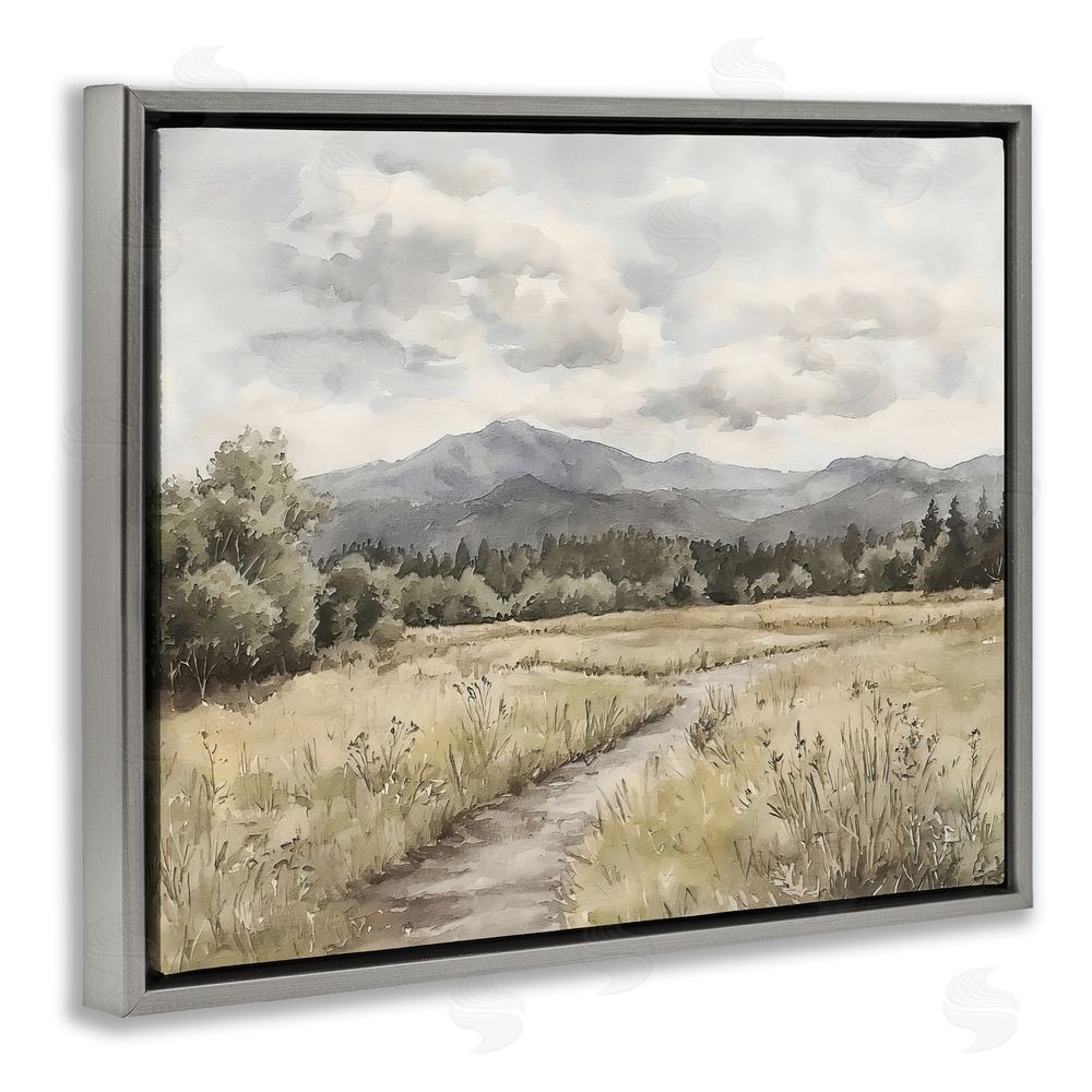 Riley B Muted Pathway to Mountains Gray Floating Framed Canvas Wall Art