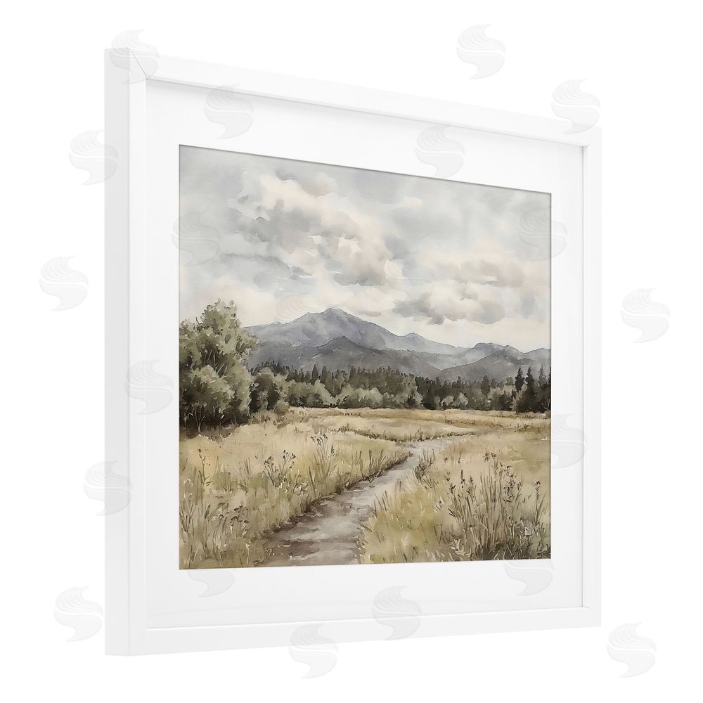 Riley B Muted Pathway to Mountains White Framed Print Under Glass Wall Art