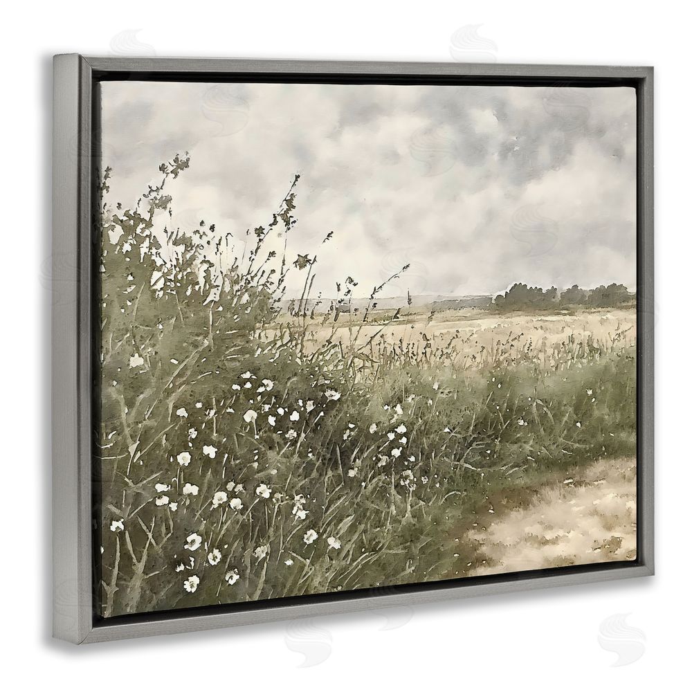 Riley B Soft Meadow Landscape at Dusk Gray Floating Framed Canvas Wall Art Print