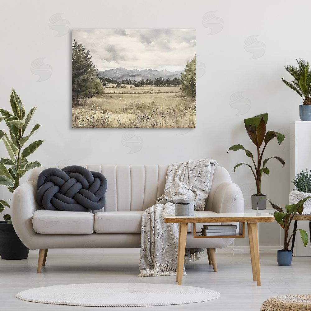 Riley B Muted Mountain Meadow Stretched Canvas Wall Art in Room