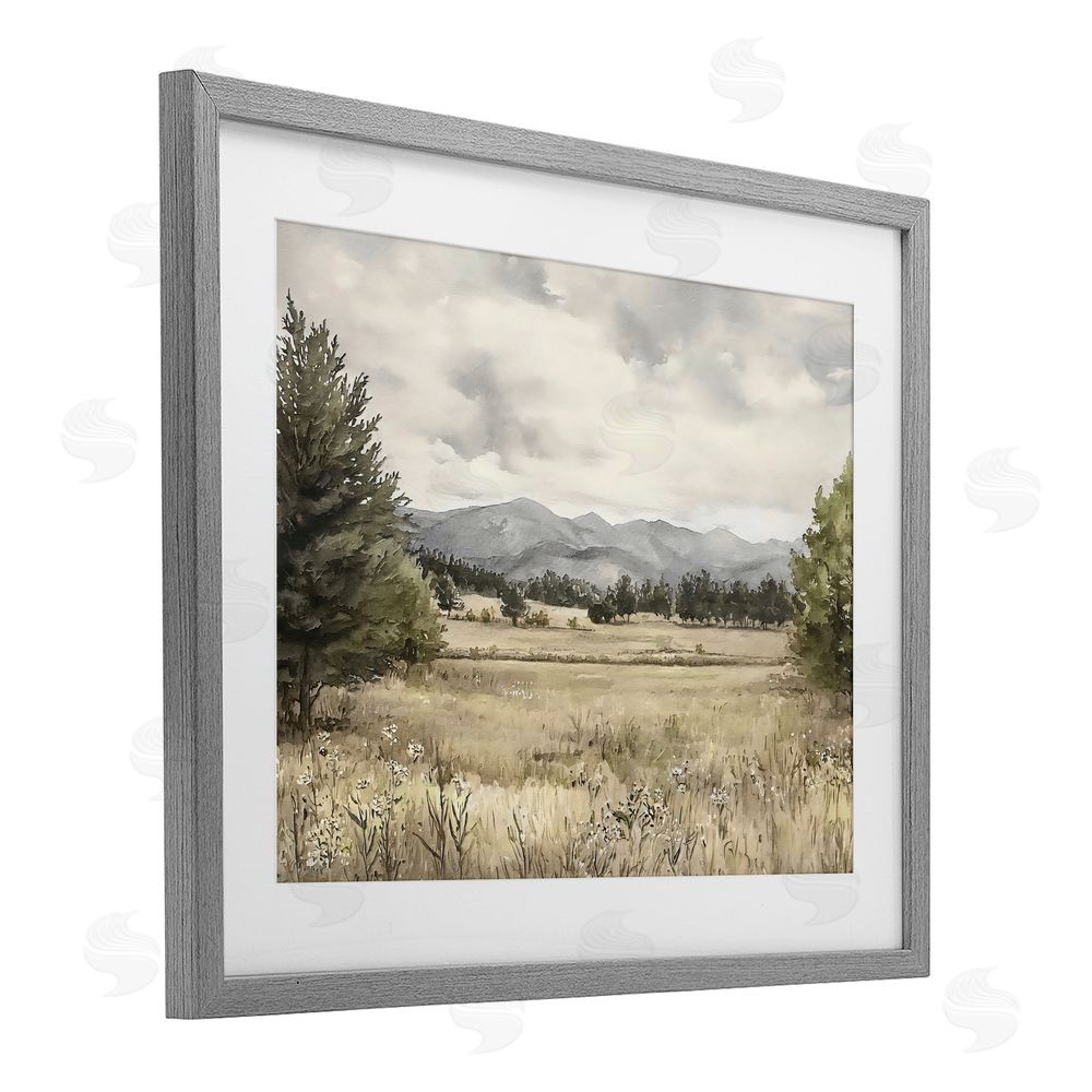 Riley B Muted Mountain Meadow Gray Framed Print Under Glass Wall Art
