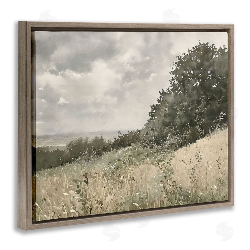 Riley B Soft & Subtle Meadow Landscape Brown Floating Framed Canvas Wall Art Print
