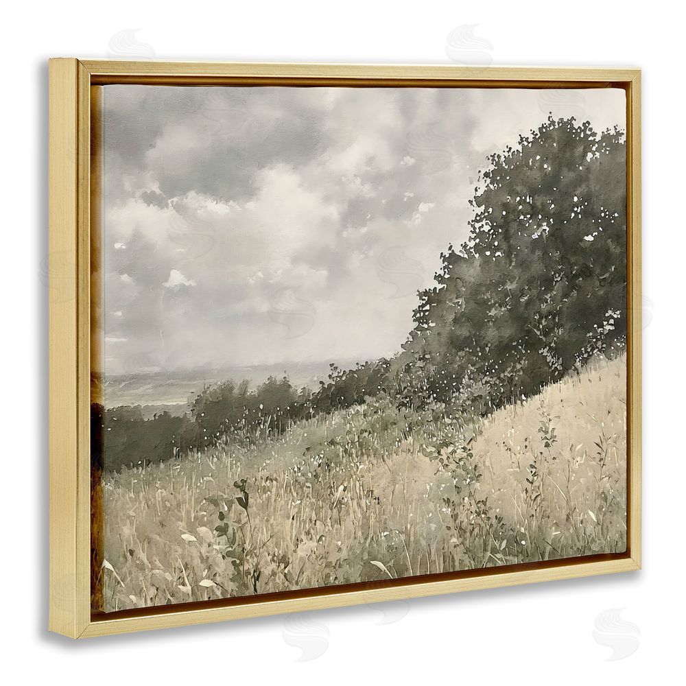 Riley B Soft & Subtle Meadow Landscape Gold Floating Framed Canvas Wall Art Print