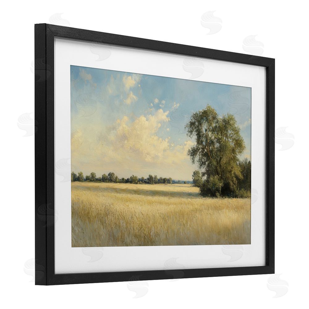 Petal Prints Design Serene Wheat Field at Noon Black Framed Print Under Glass with White Mat Wall Art
