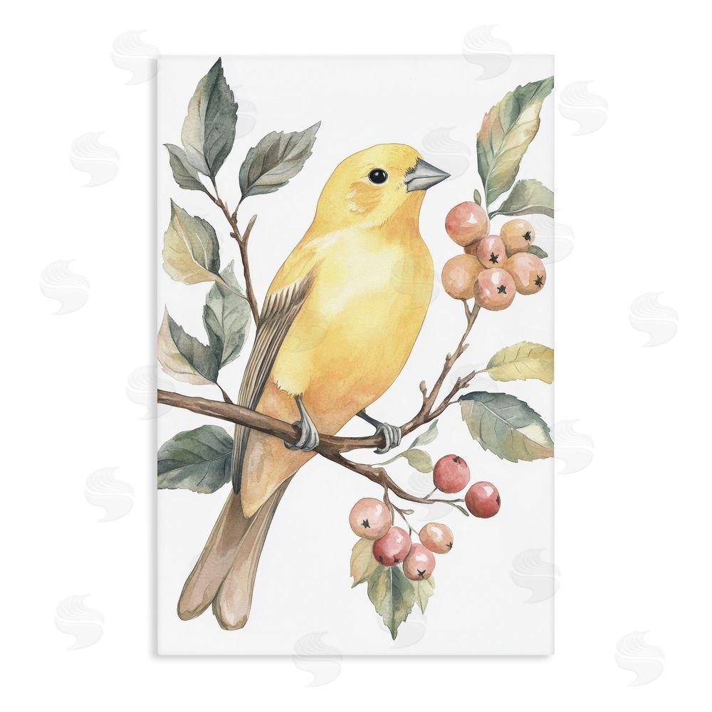Petal Prints Design Sun Lit Bird on Branch Stretched Canvas Wall Art Print