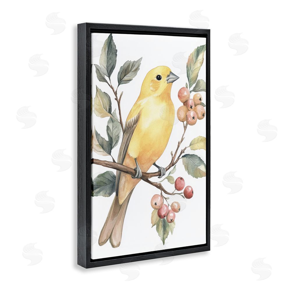 Petal Prints Design Sun Lit Bird on Branch Black Floating Framed Canvas Wall Art Print