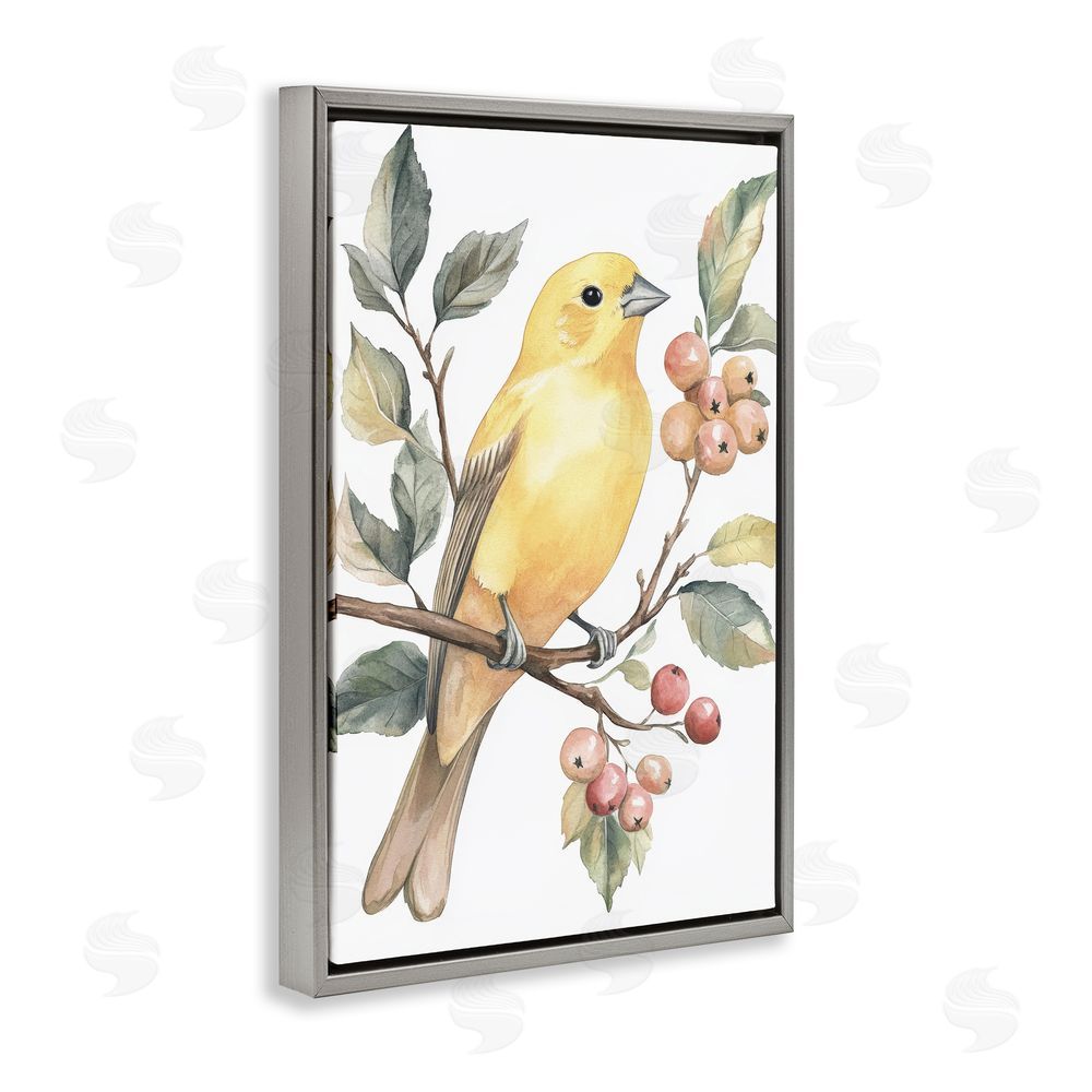 Petal Prints Design Sun Lit Bird on Branch Gray Floating Framed Canvas Wall Art Print