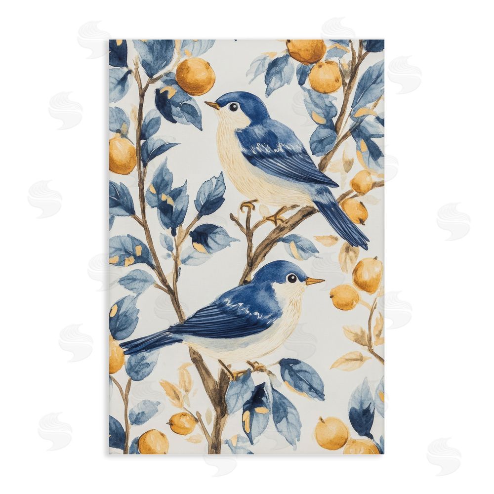 Petal Prints Design Sweet Blue Birds on Lemon Branch Stretched Canvas Wall Art Print