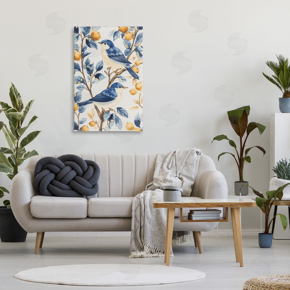 Petal Prints Design Sweet Blue Birds on Lemon Branch Stretched Canvas on Wall