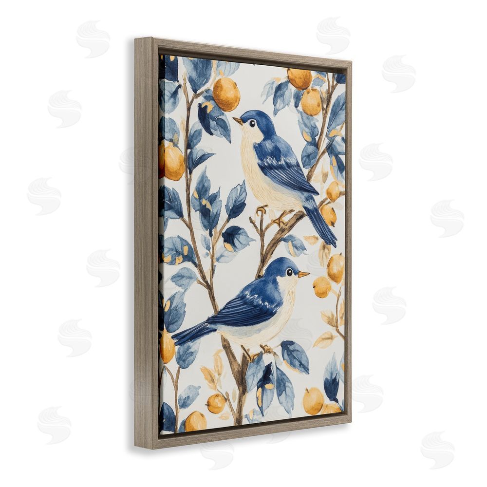 Petal Prints Design Sweet Blue Birds on Lemon Branch Brown Floating Framed Canvas Wall Art Print