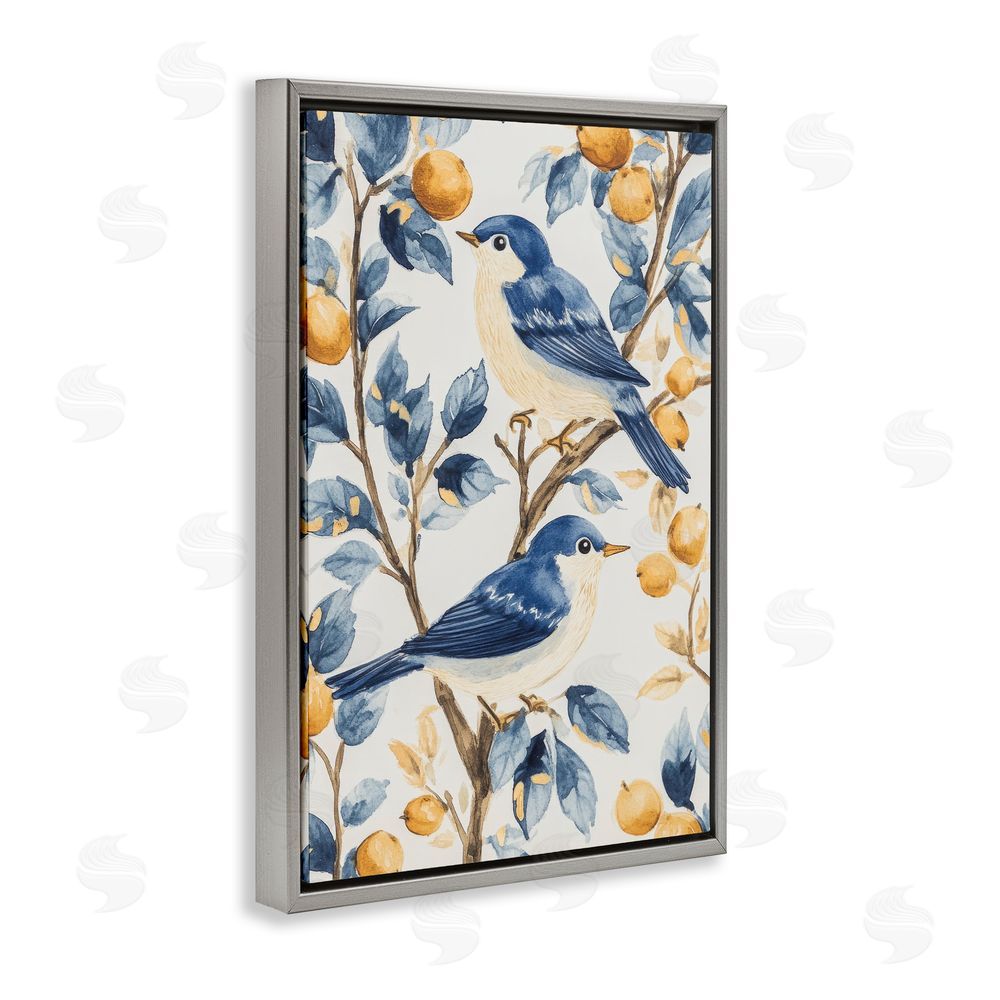 Petal Prints Design Sweet Blue Birds on Lemon Branch Gray Floating Framed Canvas Wall Art Print