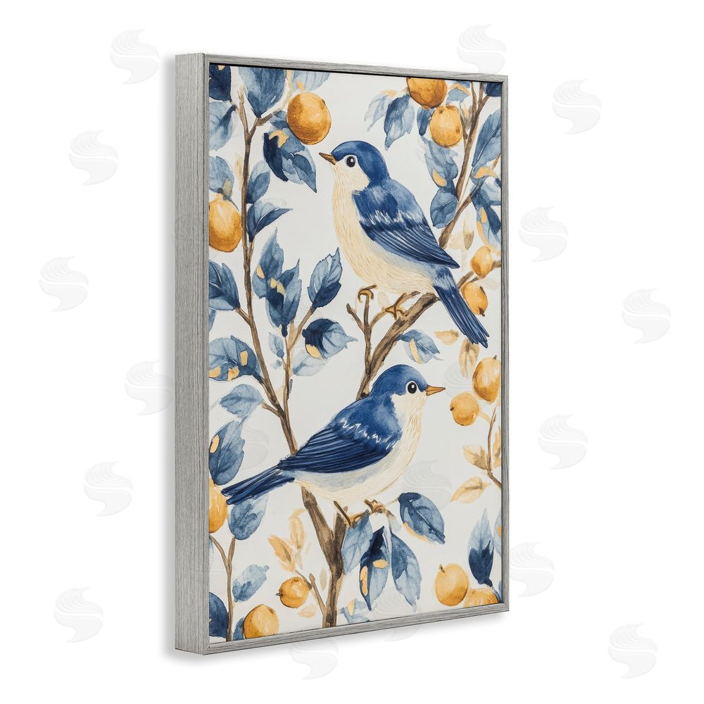 Petal Prints Design Sweet Blue Birds on Lemon Branch Gray Framed Giclee Wall Art Print