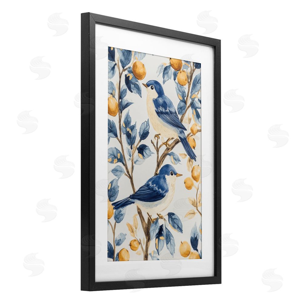 Petal Prints Design Sweet Blue Birds on Lemon Branch Black Framed Print Under Glass with White Mat Wall Art