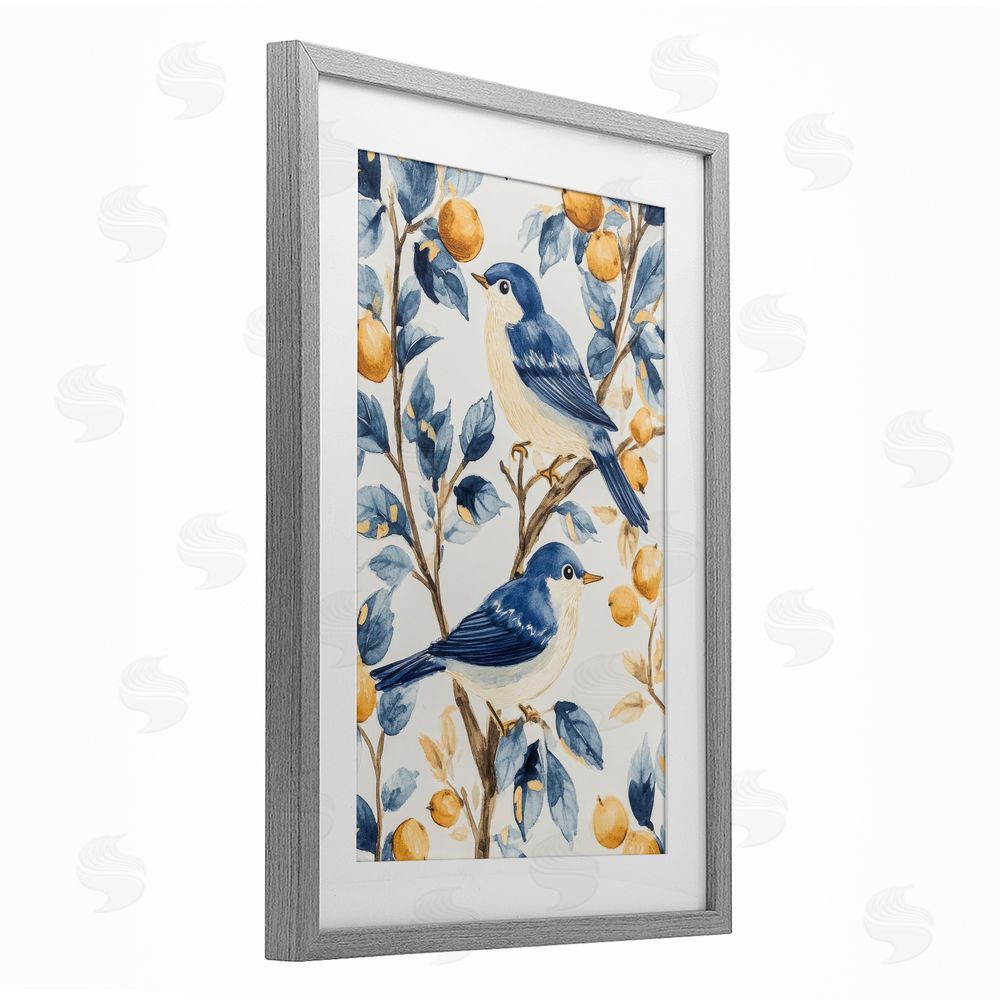 Petal Prints Design Sweet Blue Birds on Lemon Branch Gray Framed Print Under Glass with White Mat Wall Art