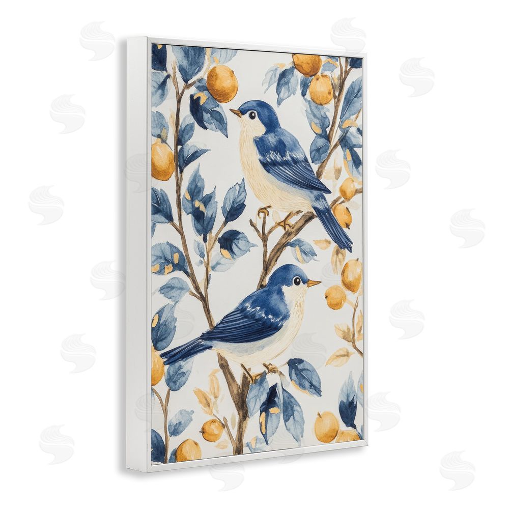 Petal Prints Design Sweet Blue Birds on Lemon Branch White Framed Giclee Wall Art Print