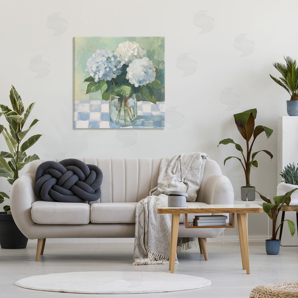 Petal Prints Design Hydrangea Picnic on Checkered Stretched Canvas Wall Art in Room