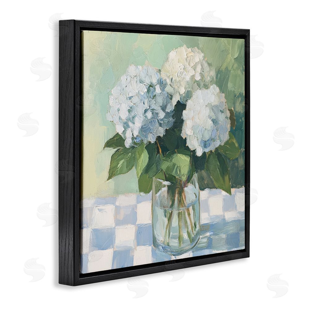 Petal Prints Design Hydrangea Picnic on Checkered Black Floating Framed Canvas Wall Art