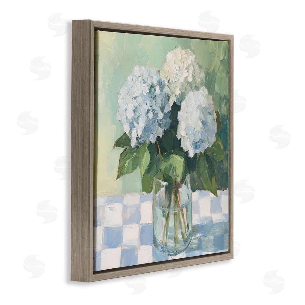 Petal Prints Design Hydrangea Picnic on Checkered Brown Floating Framed Canvas Wall Art