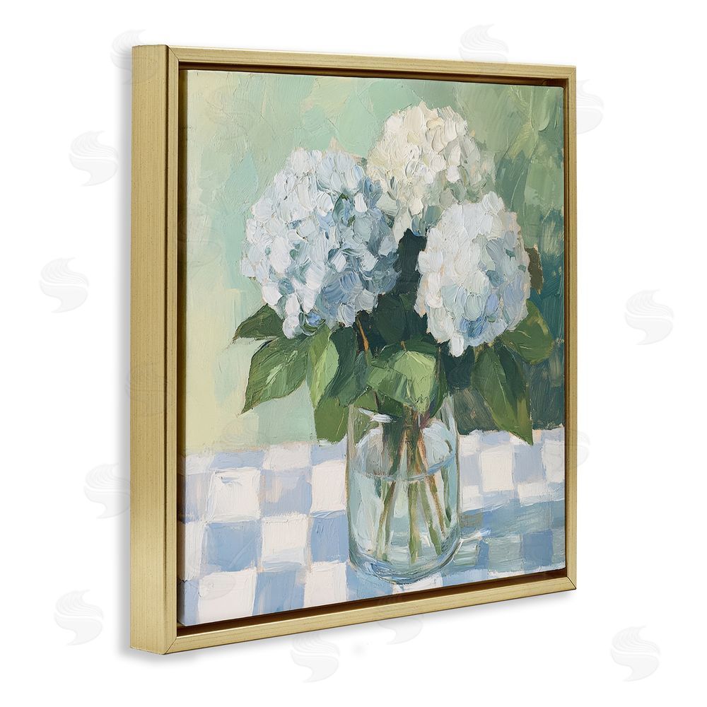 Petal Prints Design Hydrangea Picnic on Checkered Gold Floating Framed Canvas Wall Art