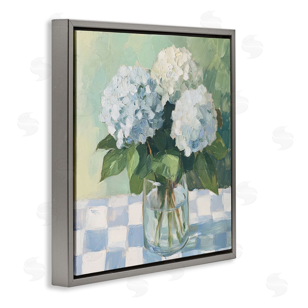 Petal Prints Design Hydrangea Picnic on Checkered Gray Floating Framed Canvas Wall Art