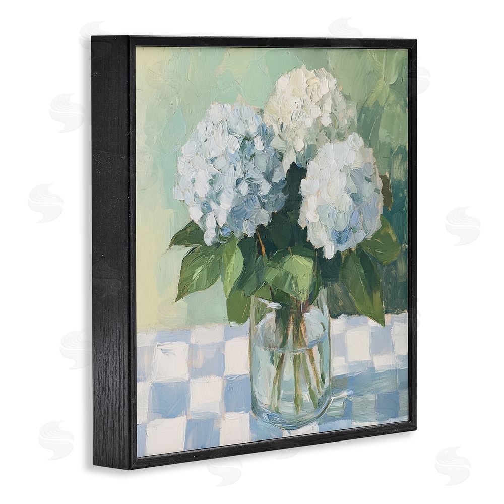Petal Prints Design Hydrangea Picnic on Checkered Black Framed Giclee Wall Art